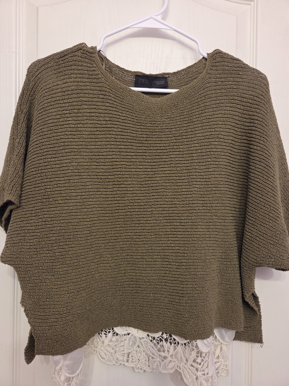 Zara Olive Green Knit Boxy Top with Lace Trim